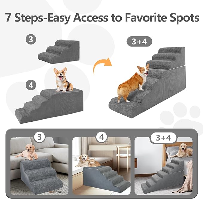 7 Steps Dog Steps for High Bed, 29.5'' High Dog Stairs for Small Dogs, Waterproof Pet Stairs for Small Old Large Dogs and Cats with Removable Cover & PE Support Board for Bed, Car or Couch