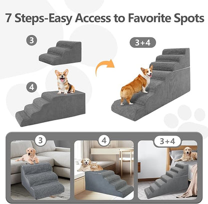 7 Steps Dog Steps for High Bed, 29.5'' High Dog Stairs for Small Dogs, Waterproof Pet Stairs for Small Old Large Dogs and Cats with Removable Cover & PE Support Board for Bed, Car or Couch