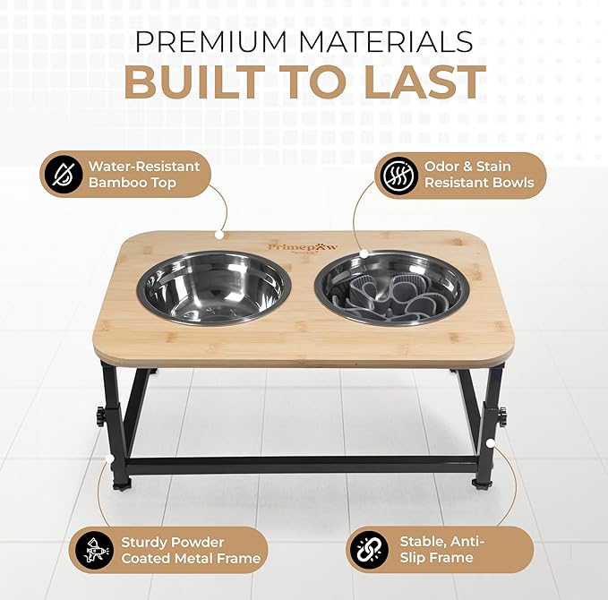 Adjustable Elevated Dog Bowls – Raised Dog Feeding Station with Bamboo Stand, 2 Stainless Steel Bowls, Slow Feeder Insert & Silicone Mat – Dog Bowls with Stand for Small & Medium Dogs