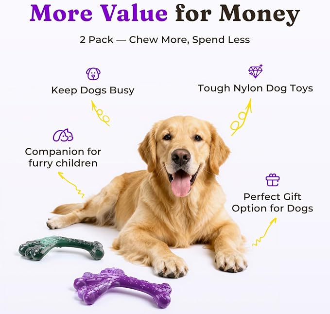 XL Cactus Indestructible Dog Chew Toys for Aggressive Chewers - 2 Pack Beef Flavored Nylon Bones for Large Dogs 20-90 lbs, Long Lasting & Keeps Them Busy