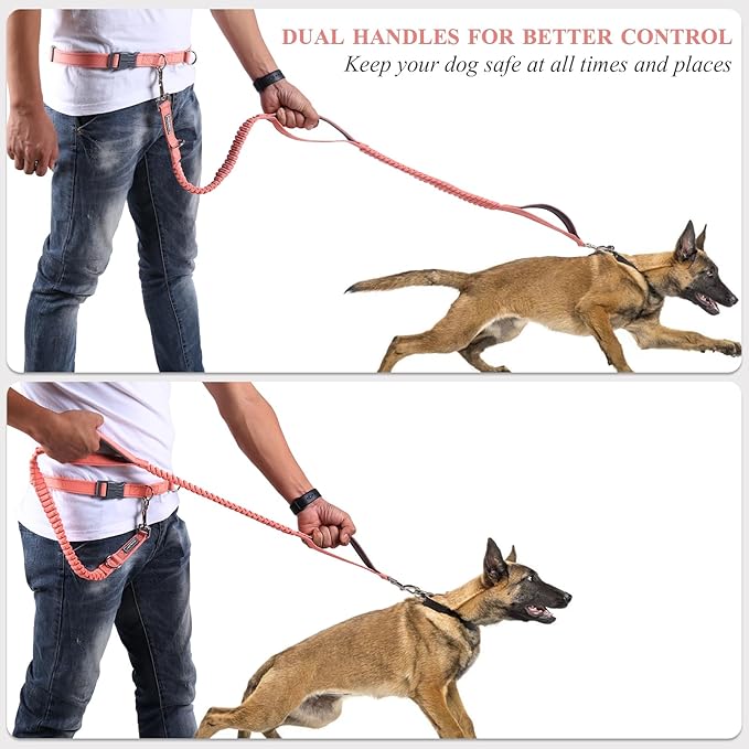 VIVAGLORY Hands Free Dog Leash Bungeetwin Running Dog Leash with Waist Belt for Running Walking & Jogging, Bungee & Around Waist for Pet, S, Pink/Grey