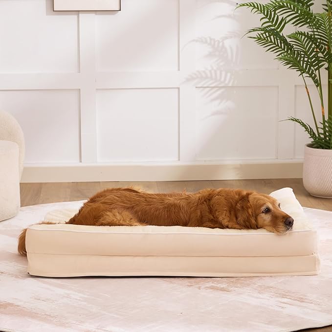 Dog Bed Large Sized Dogs, XL Orthopedic Dog Bed for Large Dogs, Waterproof Pet Bed with Washable Removable Cover, L-Shaped Pet Couch with Portable Handle 42"x30"x7.5", Beige