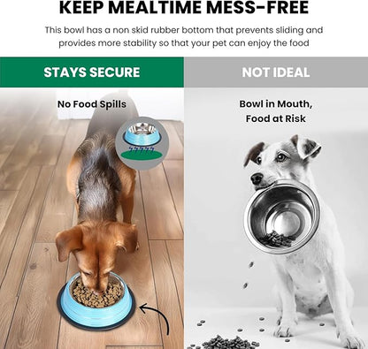 Iconic Pet 4 Cup/32 Oz Elegant Stainless Steel Color Splash Food/Water Bowl with Non Skid, Noise Free, Removable Rubber Ring - Dog/ Cat Feeding Bowl In color shade, Dishwasher Safe - Blue, 2 Bowls