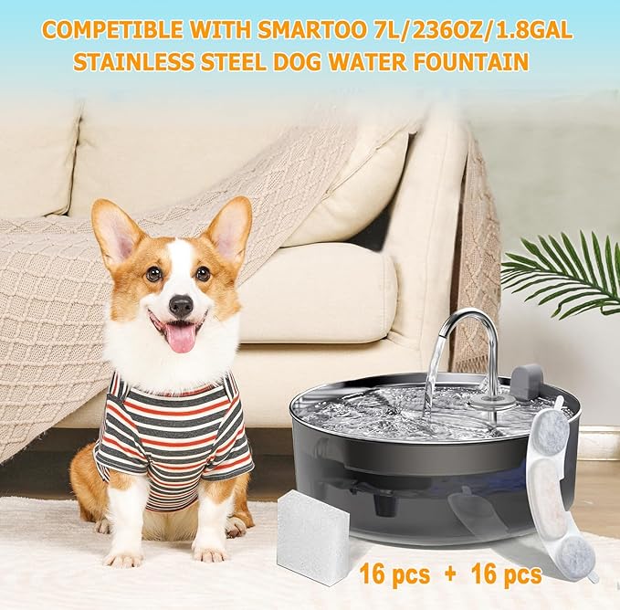 16 Pack Dog Water Replacement Filters Compatible with Smartoo 7L / 236oz / 1.8Gal Stainless Steel Dog Water Fountain, Pet Dog Fountain Filter Replacement,16 Filters + 16 Sponge