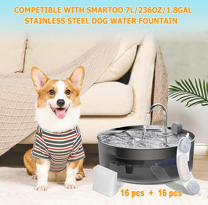 16 Pack Dog Water Replacement Filters Compatible with Smartoo 7L / 236oz / 1.8Gal Stainless Steel Dog Water Fountain, Pet Dog Fountain Filter Replacement,16 Filters + 16 Sponge