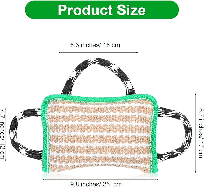 Durable Dog Jute Bite Pillow, 9.8“ x 6.7” Safe Biting Pad with 3 Strong Handles, Safe Tough Jute Tug of War Toy for Medium to Large Dogs Puppy Training, Green