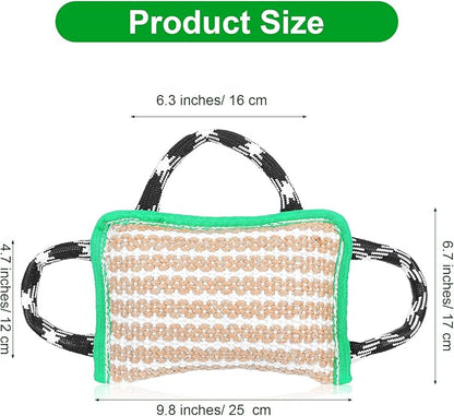 Durable Dog Jute Bite Pillow, 9.8“ x 6.7” Safe Biting Pad with 3 Strong Handles, Safe Tough Jute Tug of War Toy for Medium to Large Dogs Puppy Training, Green