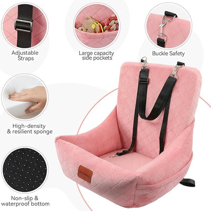 WOOAIDAGG Dog Car Seat for Small Dogs Up to 25lbs,Soft Washable Fabric Fill in Memory Foam,Easy to Assemble with 2 Clip-On Safety Leashes and Storage Pockets,Front or Back Seat are Both OK (Pink)