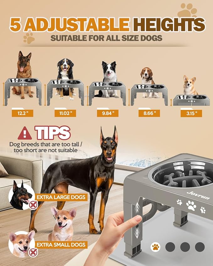 Elevated Dog Bowls for Medium Size Dogs with Mat, Non-Slip Dog Feeder with 1*Stainless Steel Dishes & 1*Slow Feeder Bowl, 5 Heights Adjustable Raised Bowls for 3.15″-8.66″-9.84″-11.02″-12.2″