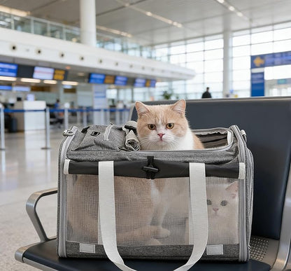 Pet Carrier Bag for Cats & Small Dogs, Airline Approved Travel Cat Carrier with Mesh Windows, Shoulder Strap & Removable Mat, Foldable Design for Home & Outdoor Trips (Grey)