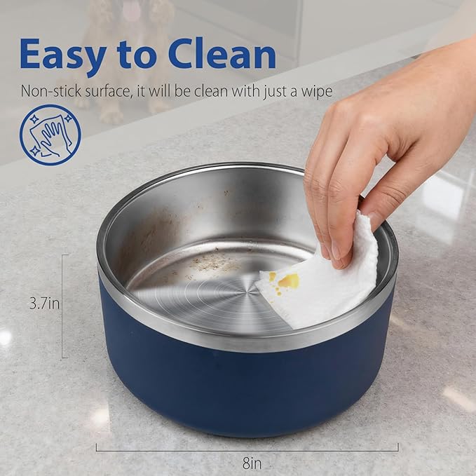 Dog Bowl, Stainless Steel Dog Bowls for Food and Water, Metal Pet Feeding Bowl with Insulated Non-Slip Quiet Bottom, Easy to Clean, Dishwasher Safe, 64oz,8 Cup | Navy