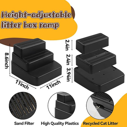 BALAPET Adjustable 3 Steps Litter Box Ramp with Filter Function, Detachable Litter Trapper, Easy Clean Cat Litter Stair for Small & Elderly Cats(Black)