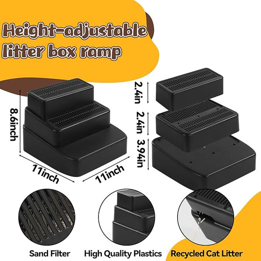 BALAPET Adjustable 3 Steps Litter Box Ramp with Filter Function, Detachable Litter Trapper, Easy Clean Cat Litter Stair for Small & Elderly Cats(Black)