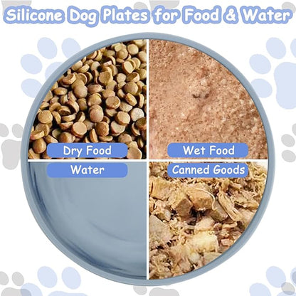 Silicone Dog Bowl Set of 2-7.7in No Spill Puppy Food and Water Dish Less Mess Cat Plates with Suction Cup Non-Tippable Feeding Bowls for Small & Medium-Sized Pets (Round Blue)