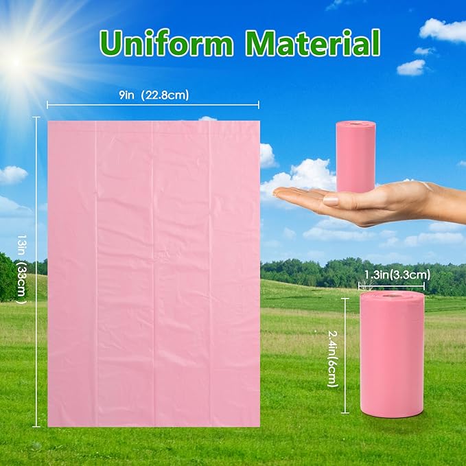 Biodegradable Pink Dog Poo Bags Lavender scent with Dispenser - 300 Large Poop Bags, Extra Thicken Strong Corn Starch Blended Compostable Leak Proof Poop Waste Bag for Dogs
