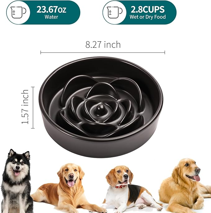 8.26 in Black Ceramic Slow Feeder Dog Bowl for Medium and Large Breed,Pet Feeding Dog Food Water Dish Heavy Weighted,Puppy Bowl for Fast Eaters,Puzzle Slow Eating Dish Modern Maze