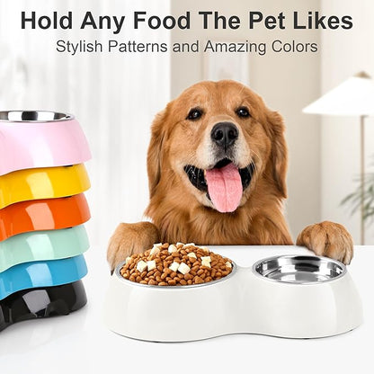 Double Dog Bowls Set – Non-Slip Pet Food & Water Dishes with Resin Stand, Includes Small (1 Cup) & Medium (2 Cups) Bowls – Ideal for Puppies and Cats – White