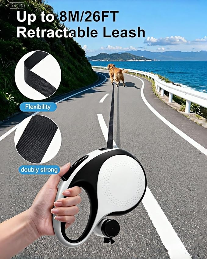 Retractable Dog Leash 26 ft for Large Dogs Up to 110 lbs, 360 Tangle-Free Heavy Duty with One-Hand Brake Pause Lock, Anti-Slip Handle Strong Nylon Tape, Large, White