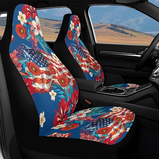 250th Anniversary Waterproof Car Seat Cover Front Seats Only Anti-Slip Back Fabric Automobile Front Seat Covers American Flag Flower Car Accessory Universal Fit for Truck SUV Van Sedan