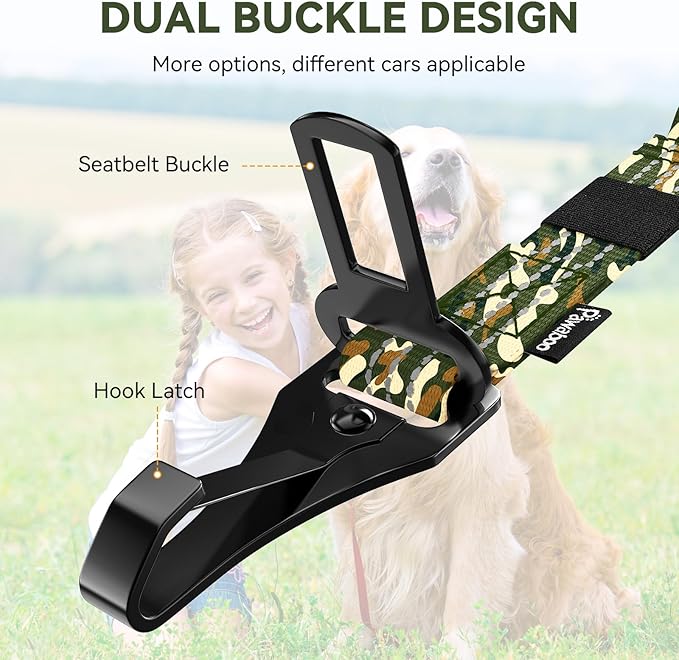 Pawaboo Dog Car Seat Belt– Reflective & Adjustable Dogs Cars Harness Leash with 360° Lockable Buckle, Shockproof Dogs Tether Bungee for Safe Travel, Army Green Camouflage