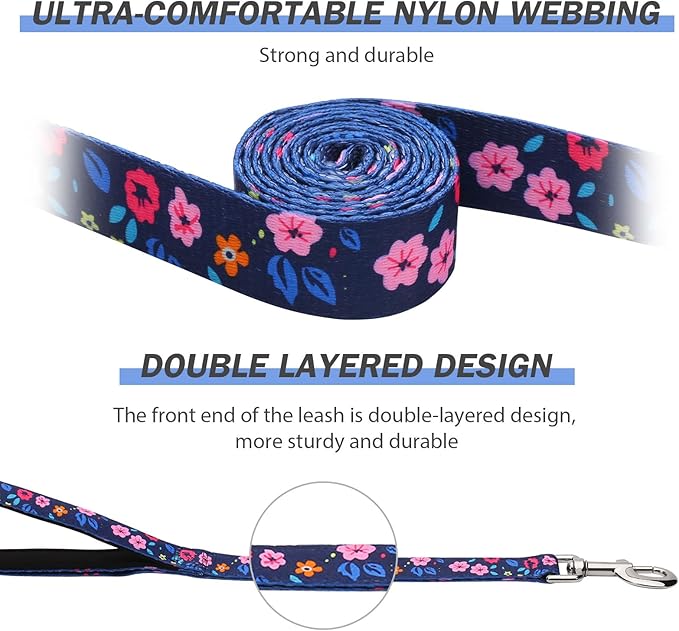 Hikiko 4 Ft Double Handle Dog Leash for Small Medium Large Dogs, Padded Traffic Handles Lead for Walking Training (Navy Blue Floral)