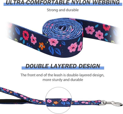 Hikiko Double Handle Dog Leash 6 Ft for Medium Large Dogs, Padded Traffic Handles Lead for Walking Training (Navy Blue Floral)
