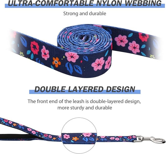Hikiko 4 Ft Double Handle Dog Leash for Small Medium Large Dogs, Padded Traffic Handles Lead for Walking Training (Navy Blue Floral)