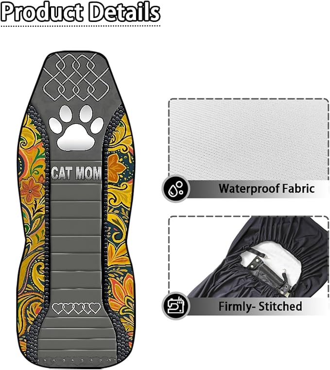 Cat Mom Paw Car Seat Covers 2 Pcs Waterproof Universal Front Seat Protective Cover Boho Flower Easy to Install Automobile Interior Decorate Accessories Fit for Car SUV Trucks