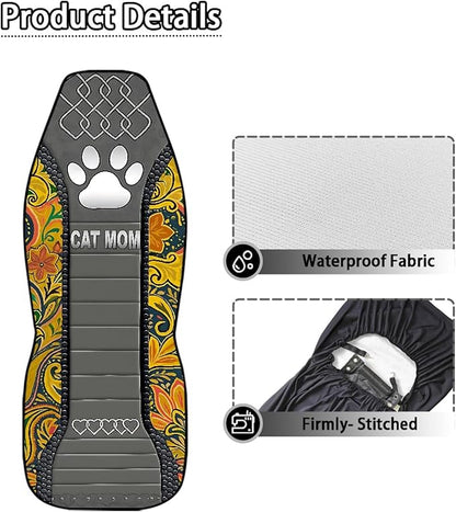 Cat Mom Paw Car Seat Covers 2 Pcs Waterproof Universal Front Seat Protective Cover Boho Flower Easy to Install Automobile Interior Decorate Accessories Fit for Car SUV Trucks
