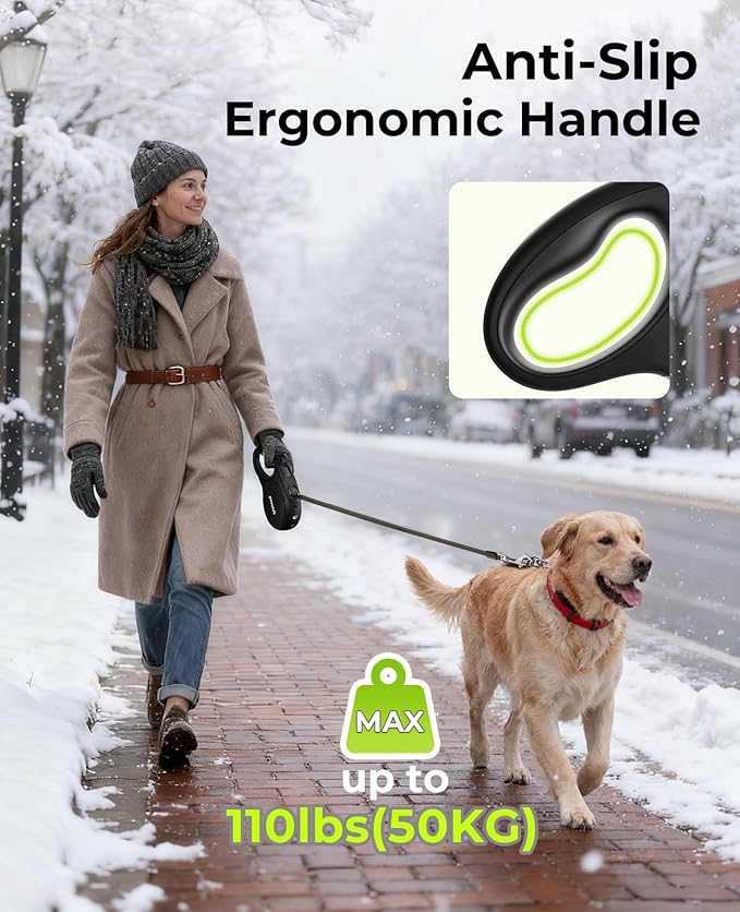Pecute Retractable Dog Leash with Flashlight, 26ft Heavy Duty Retractable Pet Leash with Light, One-Button Control, Anti-Twist Protection, Reflective Leashes for Medium Large Pets Dogs Up to 110 lbs