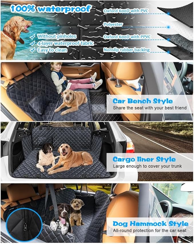 Dog Car Seat Cover for Back Seat, 100% Waterproof Pet Seat Cover with Mesh Visual Window, Scratchproof Nonslip Dog Hammock for Car, Bench & Cargo Liner Style, Universal Size Fits Cars, SUVs, Trucks
