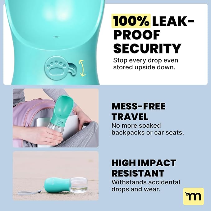 MalsiPree Portable Dog Water Bottle - 19 Oz, Blue - Leak-Proof Water Bowl Dispenser with Lock for Hiking, Travel & On-The-Go