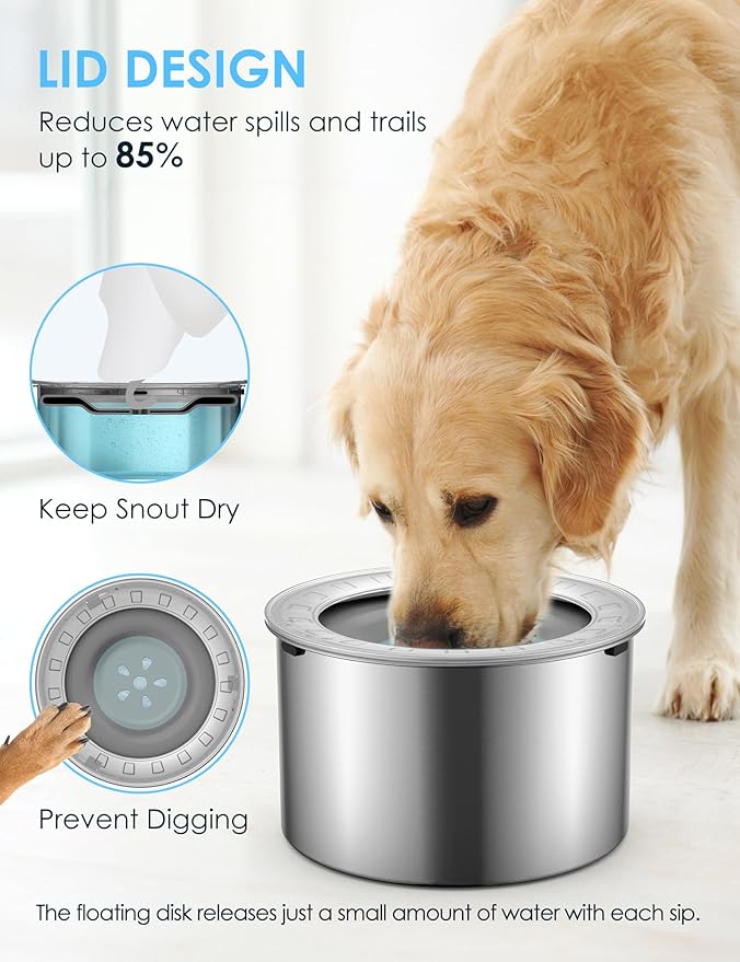 2.6 Gallon Large Dog Water Bowl No Spill,【Anti Digging Lid & Rubber Bottom】 Spill Proof Dog Bowl, Anti Splash Mess Dripless Slow Drinking Stainless Steel Water for Sloppy Messy Drinkers Car