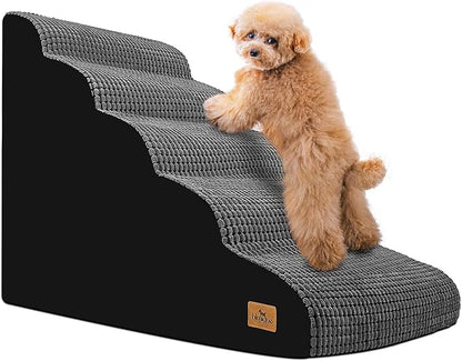 Dog Srairs for Small Medium Dogs, 5-Step Pet Stairs for High Beds and Couch, Foam Dog Ramp with Durable Non-Slip Waterproof Fabric Cover, Grey Pet Stairs for Pets Joints