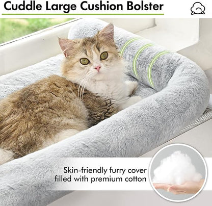 Cat Window Sill Perch with Large Bolster, Easy to Adjust & Assemble Cat Window Seat for Windowsill & Bedside, Pet Hammock Bed for Large Cats and Kittens (Grey, L)