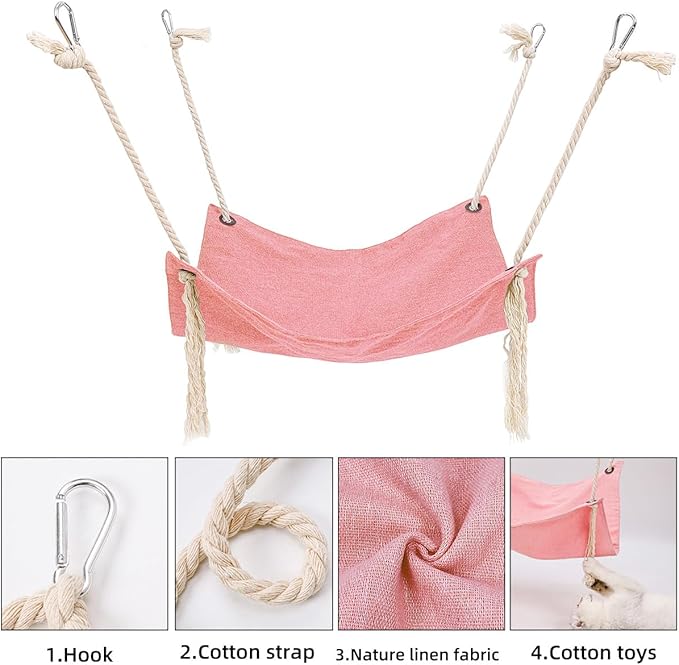Breathable Linen Cat Hammock with Cotton Ropes in Clean Solid Colors, Minimalist Design for Cages Machine Washable (Pink)