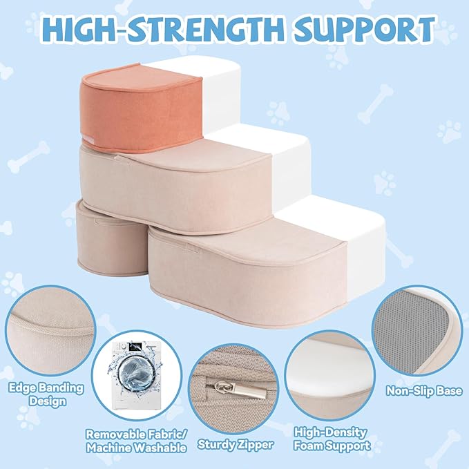 Dog Stairs for Small Dogs 17.7" H,2 in 1 Dog Steps for High Bed Couch 3-Step Pet Stairs for Dogs to Get On Bed,High Density Foam Non-Slip Pet Ramp for Puppy Older Cat