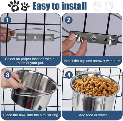 Dog Crate Water Bowl No Spill, 2 Pack Stainless Steel Large Dog Bowls, Hanging Dogs Kennel Water and Food Bowls for Crate Cage，Metal Feeder Dish Coop Cup for Medium Large Dogs Pets