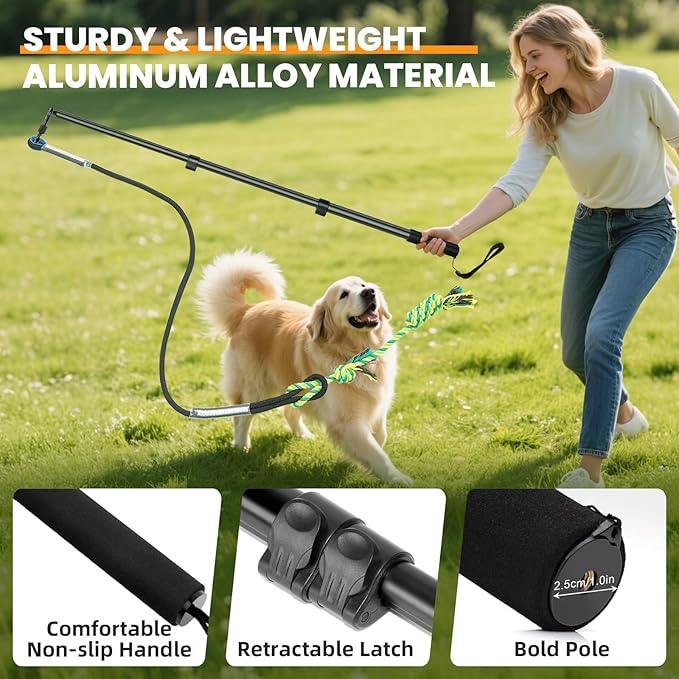 Ycozy Flirt Pole for Dogs Heavy Duty Interactive Toys Tug of War with Detachable 3 Replacement Rope Toys for Chase and Outdoor Exercise & Training for Small Medium Large Dogs (Pole - 40.6")