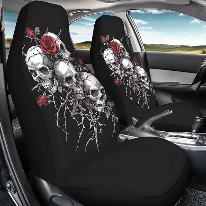 Skull Rose Car Seat Covers 2 Pcs Car Seat Covers Front Seats Only Waterproof Breathable Easy to Install Anti-Slip Back Fabric Universal Fit for Auto Truck Van SUV