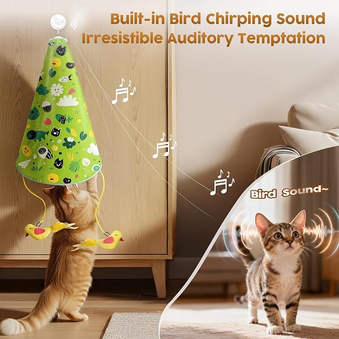 Interactive Cat Toy for Indoor Cats: 2 in1 Automatic Hide and Seek Moving Concealed Flying Bird Wand Feather with Chirping Bird Squeaky, Hanging Rechargeable Exercise Cat Toy for Kittens and Adult Cat