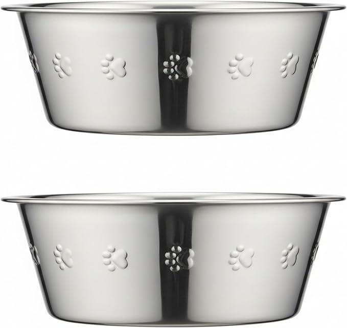 Stainless Steel Dog Bowls Set, 2 Pack for Replacement Dogs Bowl Stand, 8 Cups, 9 Inch Outer Diameter ~ Water Bowl for Raised Feeder with Opening 8.25" - 8.6" (Embossed)