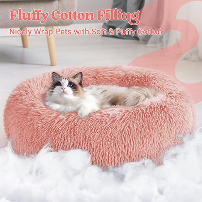 rabbitgoo Cat Beds for Indoor, 20 inches Machine Washable, Fluffy Round Pet Bed Non-Slip, Calming Soft Plush Donut Cuddler Cushion Self Warming for Small Dogs Kittens, Light Pink, Medium