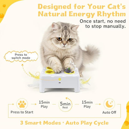 Cheese Box Interactive Cat Toy for Indoor Cats, 3-in-1 Whack a Mole Feather Toy, 3 Modes Rechargeable Auto Cat Toys for Bored Cats, 4 Holes Kitten Toy, 4 Accessories (White)