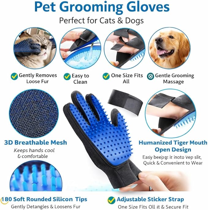 Pet Hair Remover Gloves – Gentle Grooming & Shedding Brush for Dogs, Cats & Horses – Suitable for Long & Short Hair Removal Mitt with Adjustable Wrist Strap Pack of 1