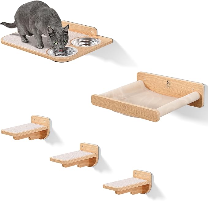 Space-Saving Cat Wall Shelves – Interactive Cat Wall Climber with Hammock & Dog Proof Feeding Station for Small & Medium Indoor Breeds – Solid Natural Wood with Beige Carpet