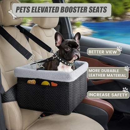 Leather Dog Car Seat for Small Dogs Under 20lbs, Dog Booster Seat with Metal Frame Construction Double-Layer Oxford Puppy Car Seats with Safety Leash Perfect for Small Pets Dogs Cats