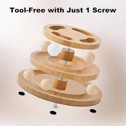 Cat Ball Track Toy with Puzzle Top and DIY Bell, Wooden Cat Toys for Indoor Cats, Interactive Kitty Ball Tower for Kitten Exercise Mental Physical