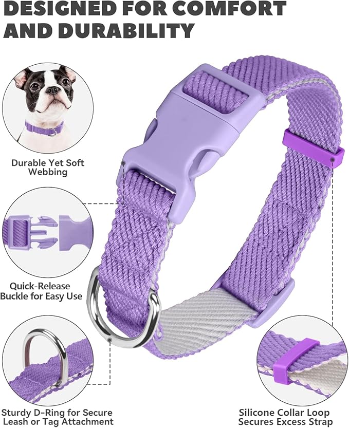 Dynmeow Soft and Breathable Cotton Dog Collar, Durable Adjustable Heavy-Duty Female Girl Pet Collar with Quick-Release Buckle, Lightweight for Sensitive Skin for Large Dogs, Purple, L