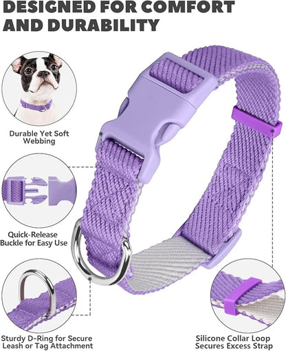 Dynmeow Soft and Breathable Cotton Dog Collar, Durable Adjustable Heavy-Duty Female Girl Pet Collar with Quick-Release Buckle, Lightweight for Sensitive Skin for Medium and Large Dogs, Purple, M